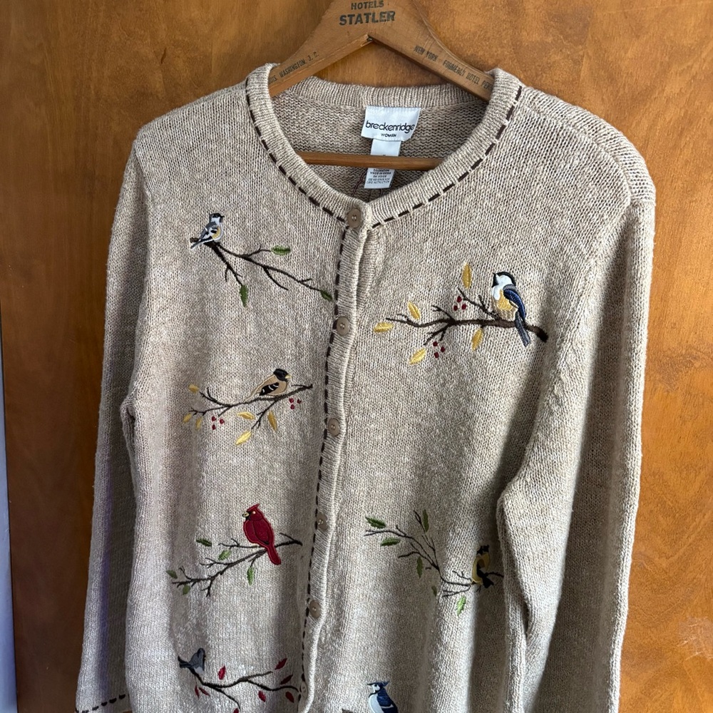 VINTAGE Embroidered Bird Oatmeal Button Down Cardigan Sweater 1X Slouchy Artsy - Picture 5 of 14